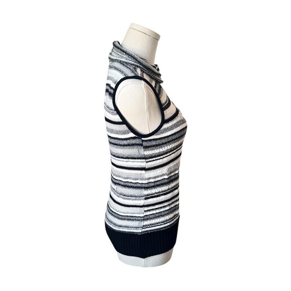 ST. JOHN ✘ Black Striped Knit Mock Neck Sleeveless Metallic Sweater Sheer Top, S - Picture 4 of 15